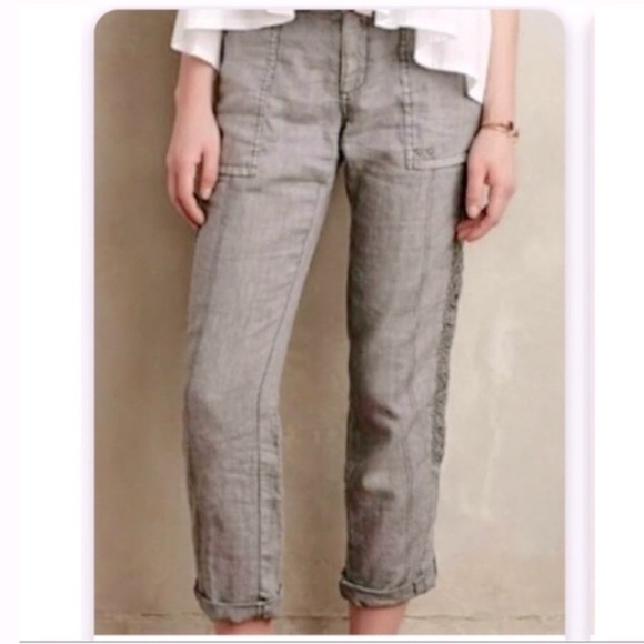 ANTHROPOLOGIE Hei Hei Marlena Gray Linen Embroidered Detail Roll Cuff Pants 28 - Picture 2 of 14
